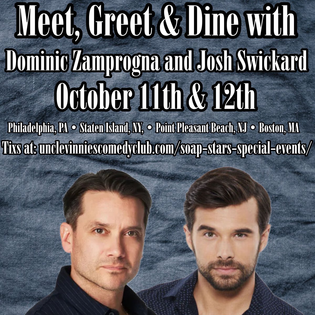 See #joshswickard <a href="/DomZamprogna/">Dominic Zamprogna</a> from #GH Oct 11,12 get your tickets at UncleVinniesComedyClub.com/soap-stars-spe…
