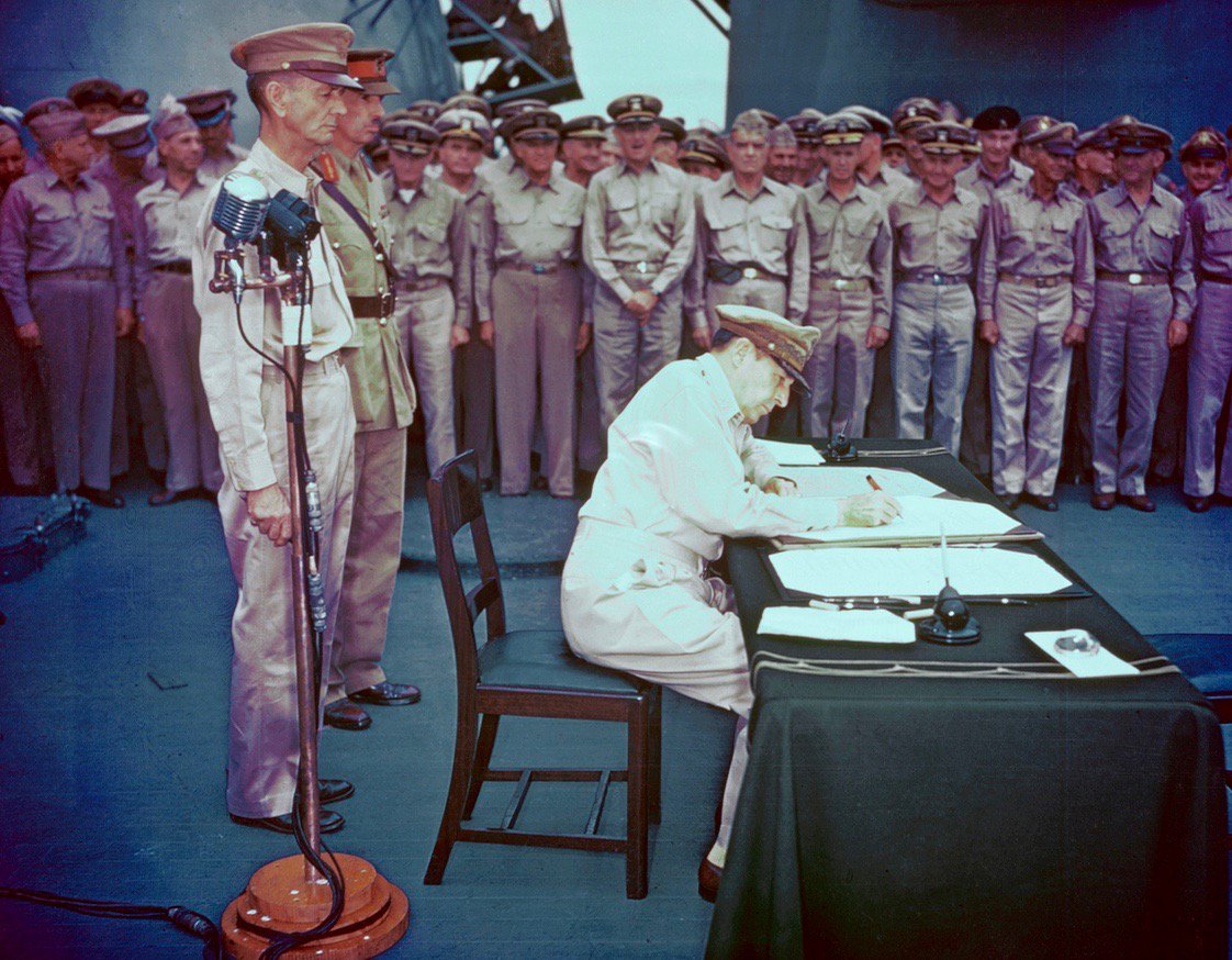 General MacArthur accepts Japanese surrender, U.S.S. Missouri, Tokyo Bay, this week 1945, ending World War II: