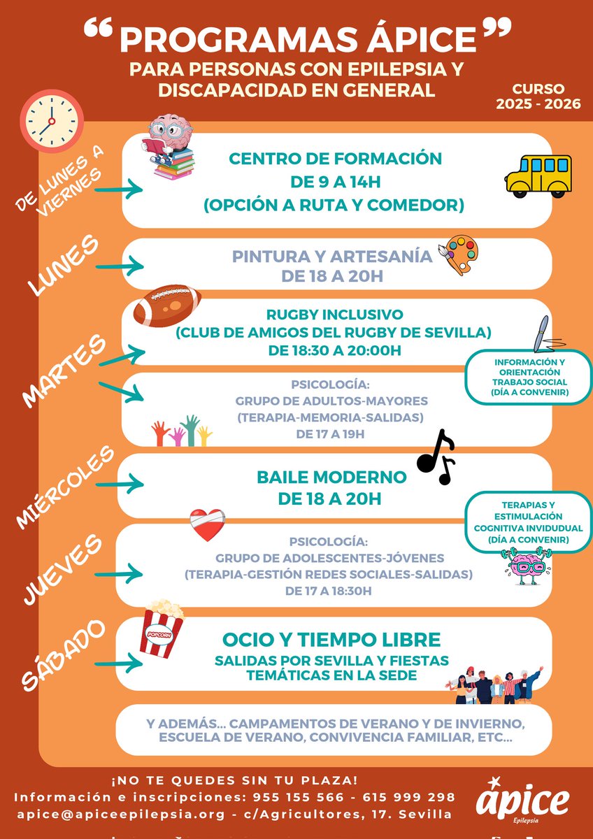 📢 Esta es tu Asociación! Programa de actividades de este trimestre, para personas con discapacidad,con o sin epilepsia.
Comenzamos en octubre, pero los grupos se van formando ya durante este mes así que no te quedes sin plaza! ℹ️ 615999298 - 955155566 - apice@apiceepilepsia.org