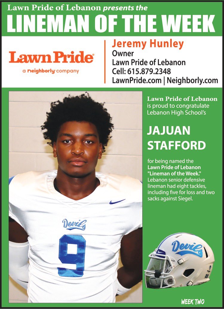 It’s a clean sweep for <a href="/BDPFootball/">Lebanon Football</a> for two of our weekly Wilson County awards. 

Congrats to Gyan Ezeta (<a href="/gtank17Idothis/">Gyan Ezeta</a>) and JaJuan Stafford (<a href="/Jajuan9102212/">Jajuan stafford</a>) for being named the Patterson Plumbing Player of the Week and Lawn Pride of Lebanon Lineman of the Week.