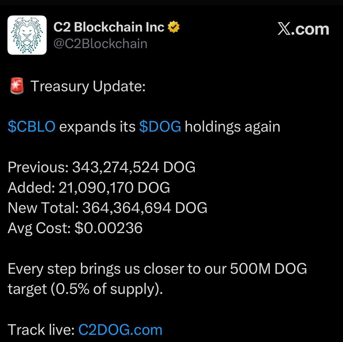 🚨JUST IN: <a href="/C2Blockchain/">C2 Blockchain Inc</a> just acquired 21,090,170 $DOG (Avg Cost: $0.00236) with a total treasury of 364,364,694 $DOG 😱

Source: C2DOG.com