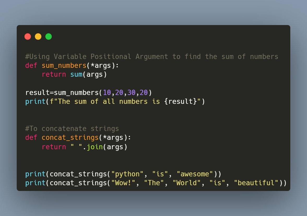 AzunnaIrene's tweet image. Day24 of #100DaysOfCode 
☑️Variable Positional Arguments
💠Sum of multiple non-keyword arguments
💠Concatenated strings
#pythonZeroToHeroMentorship
#pythonprogramming 
#WomenInTech 
@Ubajoseph_u @python_z_t_h