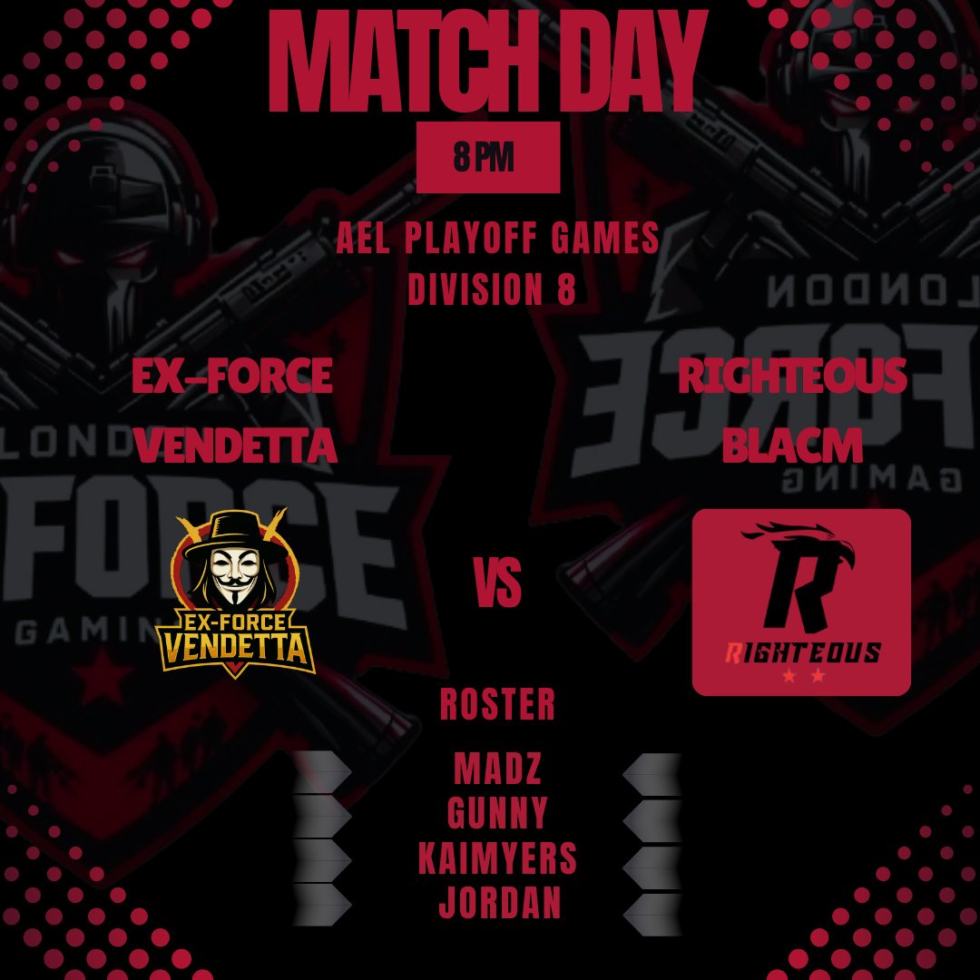 MATCH DAY!!

📅 - Tuesday 2nd!
⏰ - 8pm 
🆚 - Righteous Black
 
<a href="/AMeLeague/">AEL - Amateur Esports League</a>

🟠 - <a href="/Madzvii7/">MadzVII</a>
⚫️ - @gunny98TTV
🟠 - @Jordanviper21
⚫️ - <a href="/kaimyers_10/">Kai Myers</a>
 
📺 - twitch.tv/glorioustrickz