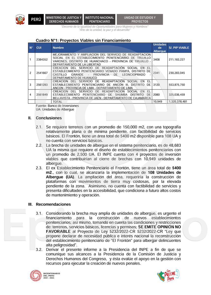 🔴Construcción de un penal en El Frontón es inviable y el gobierno lo sabe desde 2023. Este informe del #INPE señala que en el mejor de los casos podría albergar a 108 presos y los costos de mantenimiento y operación son muy elevados. El informe dio opinión desfavorable a