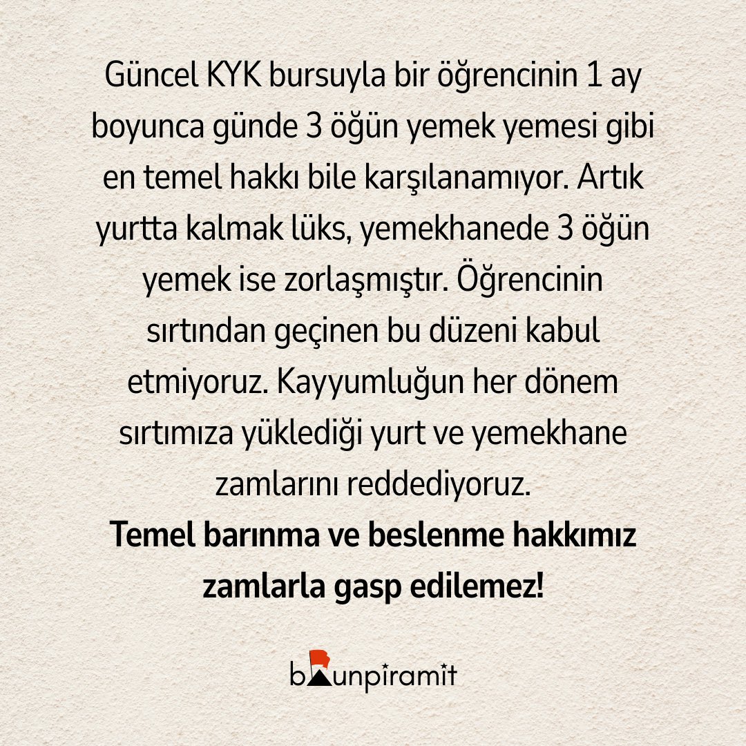 Öğrencinin sırtından geçinen bu düzeni kabul etmiyoruz. Kayyumluğun her dönem sırtımıza yüklediği yurt ve yemekhane zamlarını reddediyoruz.
Temel barınma ve temel beslenme hakkımız zamlarla gasp edilemez!