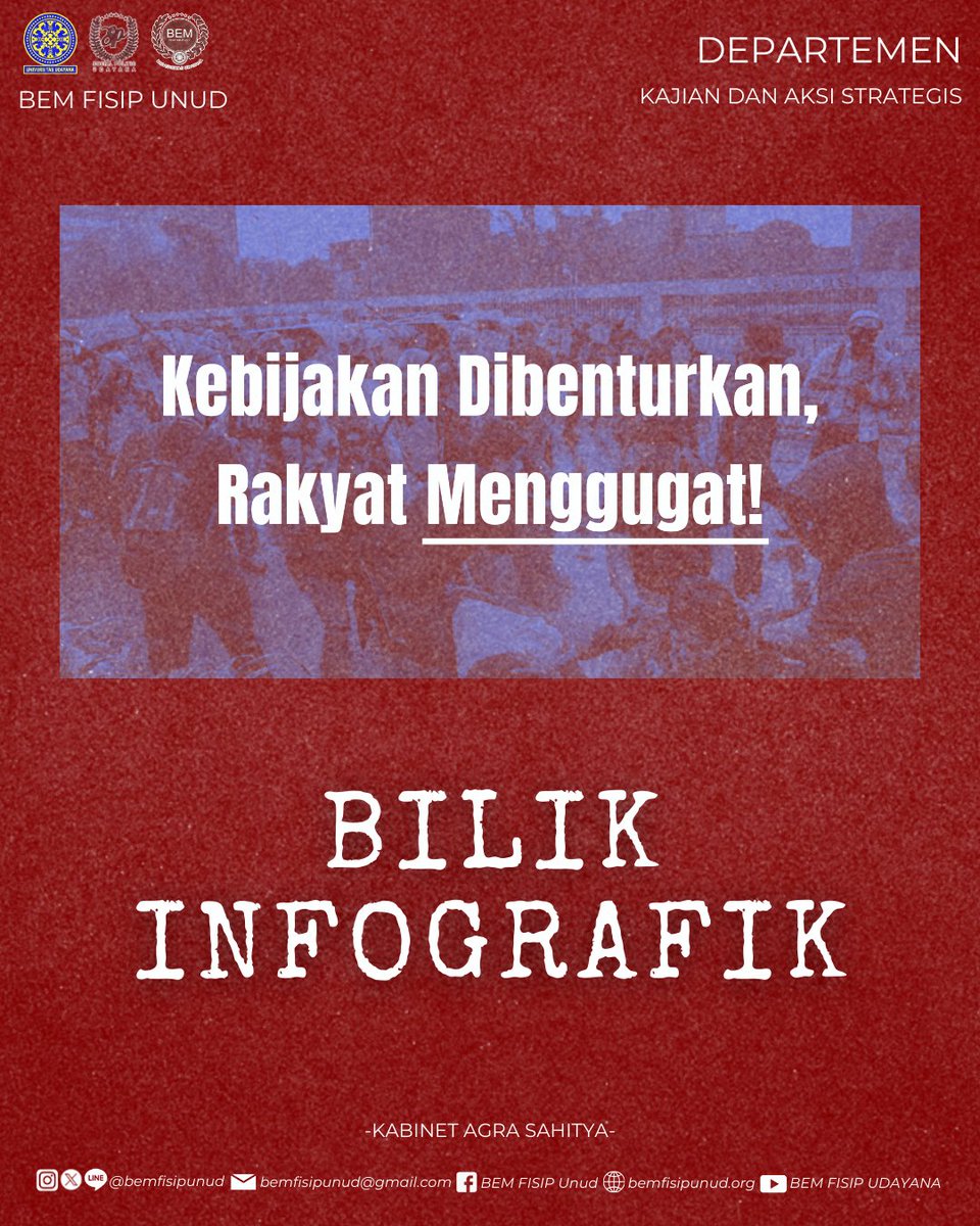 BEMFISIPUNUD's tweet photo. [BILIK INFOGRAFIK: KETIKA KEBIJAKAN DIBENTURKAN, RAKYAT MENGGUGAT]

Ruang demokrasi adalah hak kolektif rakyat untuk bersuara dan menentukan arah bangsa. https://t.co/EA9tU5nmHL