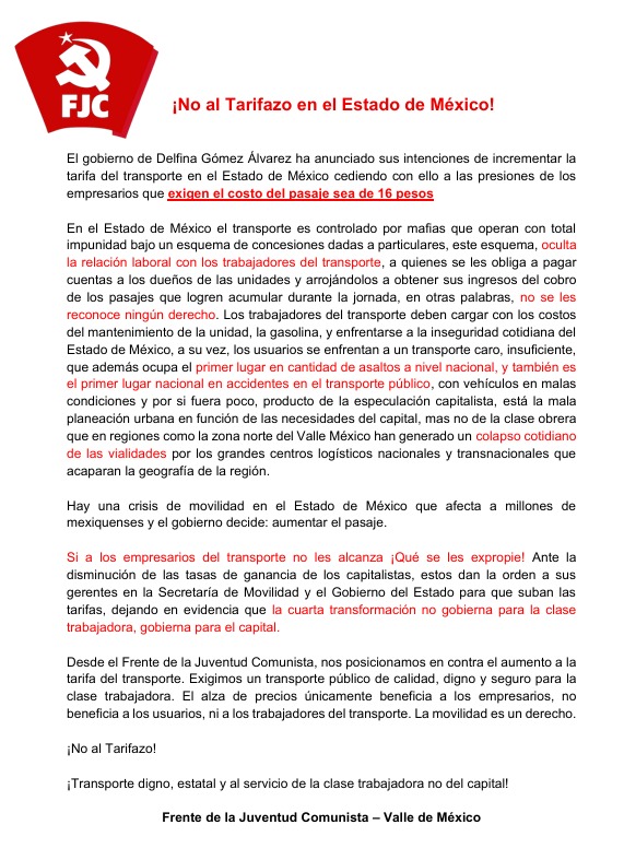 ¡No al Tarifazo en el Estado de México!

¡Transporte al servicio de la clase trabajadora, no del capital!
