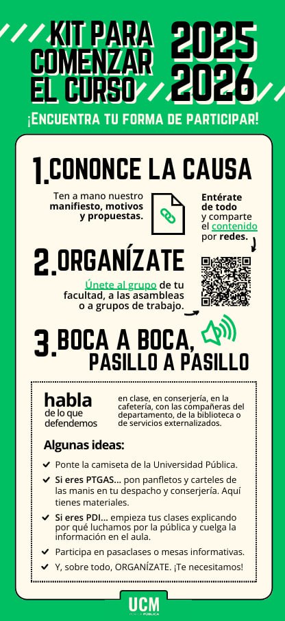 💚 Buen septiembre, querida  <a href="/unicomplutense/">Complutense</a>! Desde las plataformas x la Pública sabemos que este no es un nuevo curso más: una gravísima asfixia económica y una lesiva Ley de Universidades (que la CAM pretende aprobar a finales de 2025) . Por eso, vamos a darlo todo este curso!!