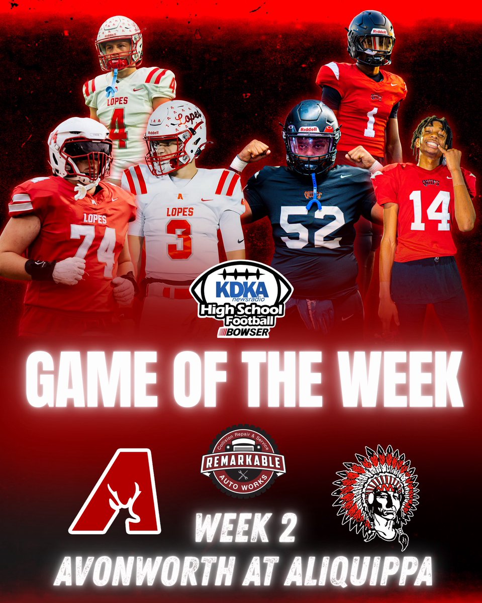 KDKARadio's tweet photo. It’s Week 2 of the KDKA High School Football Game of the Week, powered by Bowser — and we’ve got a heavyweight showdown as Avonworth takes on Aliquippa 🔥
📍Aliquippa, PA
🆚 Lopes vs Quips
⚡ Who’s taking this one?
#KDKAFridayNightLights #WPIAL #PowerOfBowser https://t.co/iOdcccpSWl