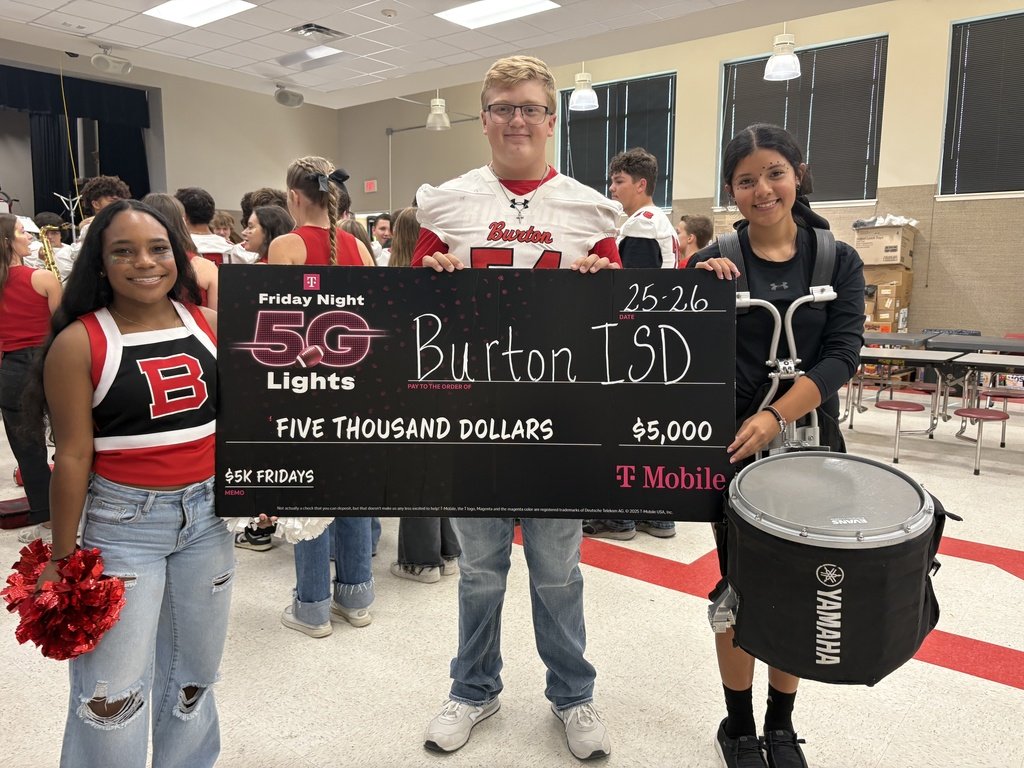 Burton Panther fans, your amazing support has helped us win the <a href="/TMobile/">T-Mobile</a> #FN5GL $5K Fridays sweepstakes!  Help us reach our next milestone as a top 25 finalist by spreading the word on social &amp; tagging @BurtonISD &amp; <a href="/TMobile/">T-Mobile</a> with #FN5GL and #Sweepstakes.