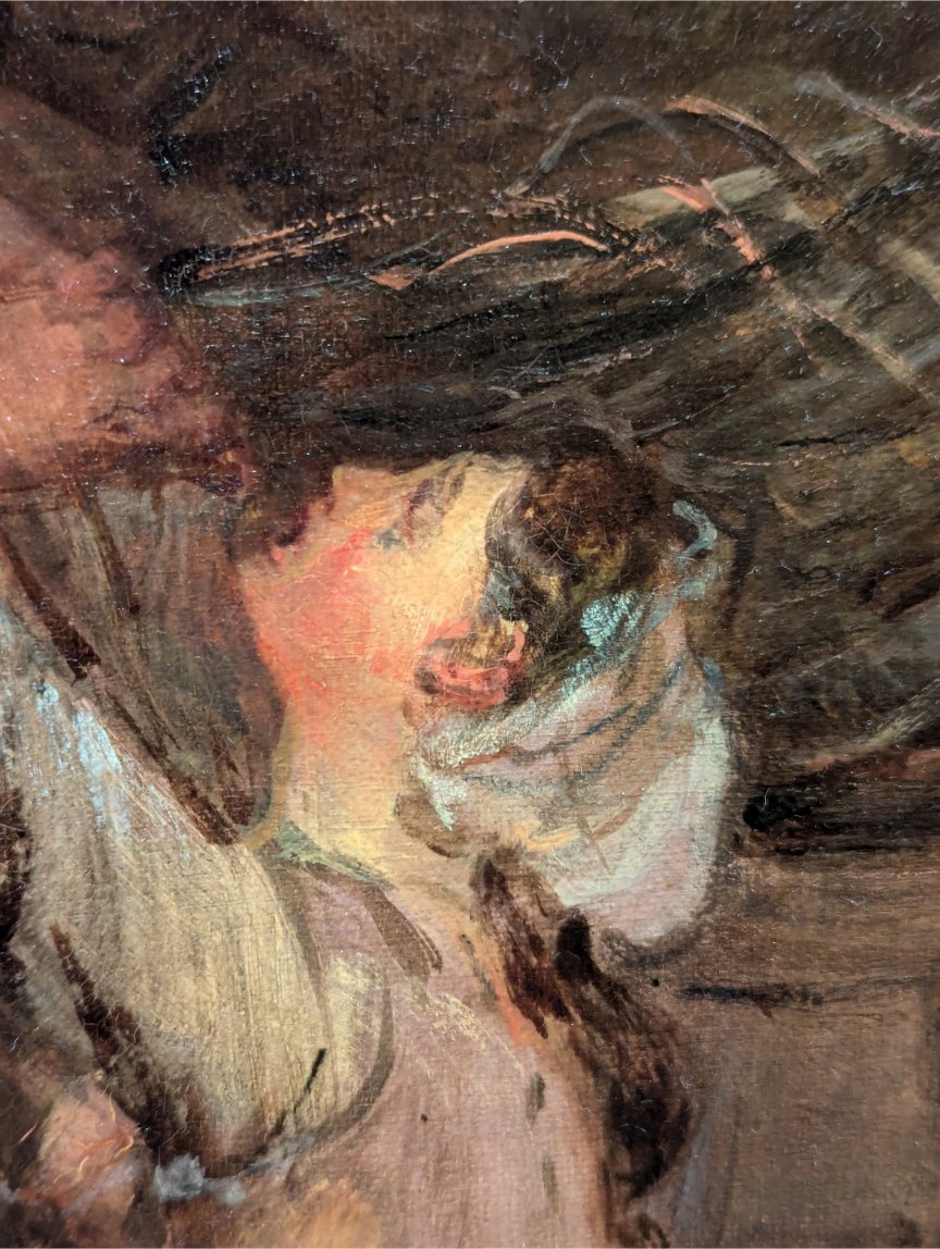 Reminds me of the caption for this Gainsborough in the Art Gallery of Ontario, which is so desperate to find something to whine about it starts talking about the *wrong* painting - the second version of The Harvest Wagon notably does NOT have happy people in it! That's the first!