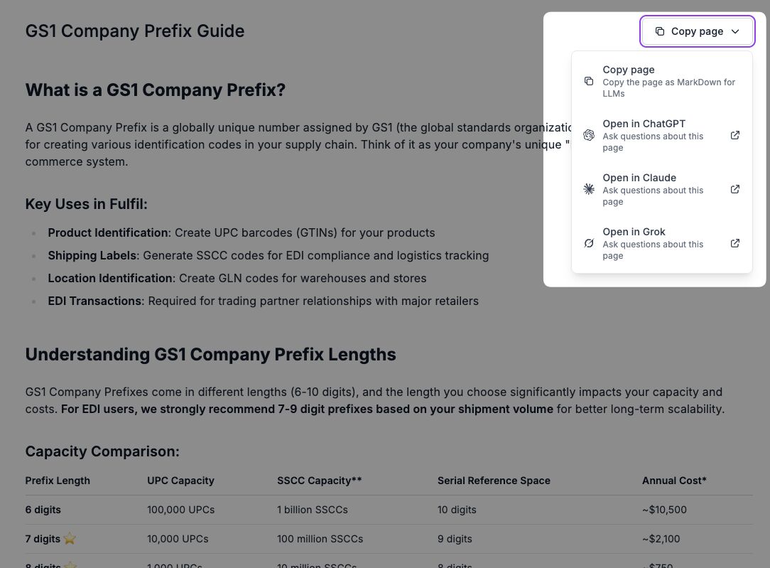 Today's DTC teams are becoming AI power users.

That's why we've enabled users to instantly send any Fulfil documentation page to Claude, ChatGPT, or Grok with a single click, or export as clean Markdown for use in any AI tool.

Users aren't the only ones reading our
