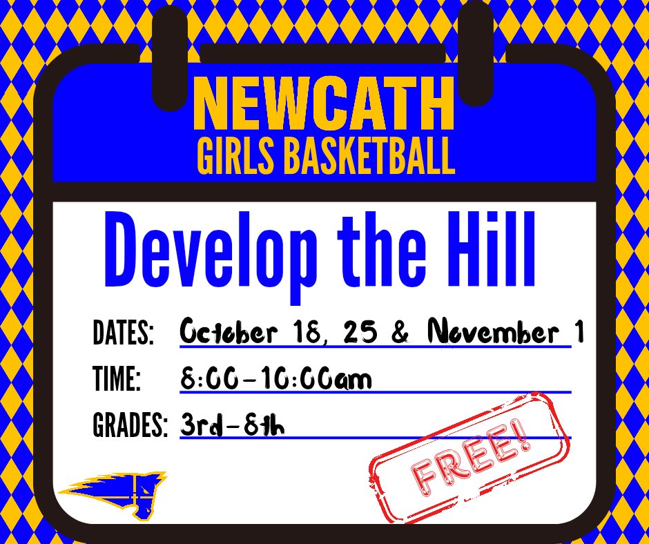 Mark the calendar!

Girls Develop the Hill basketball practices begin October 18th and are open to all 3rd-8th graders.

Join NewCath players and coaches to get ready for the upcoming season!

Sign-up today: forms.gle/3fq42DGEwfREFH…

#DefendTheHill