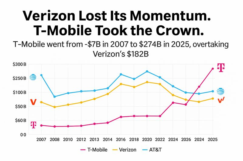 EvanKirstel's tweet image. Magenta snatched the telecom crown. 👑

T-Mobile went from **- $7B in 2007** to **$274B in 2025** — while Verizon is sitting at **$182B** wondering where the party went.

AT&amp;amp;T? Still circling the buffet table. 📉

The 5G bets are cashing in big time.

#TMobile #Verizon #ATT