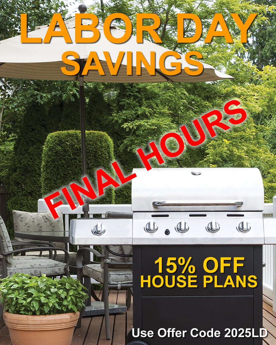 DesignBasicsLLC's tweet image. 🏡 Final Hours for Labor Day Savings!
Save 15% OFF all house plans!
♦️Use code 2025LD at checkout.
Start building your dream home today 👉 bit.ly/465Gppi
#LaborDaySale #HousePlans #HomeDesign #DesignBasics #BuildYourDream #HomeGoals #CustomHome #ModernHome