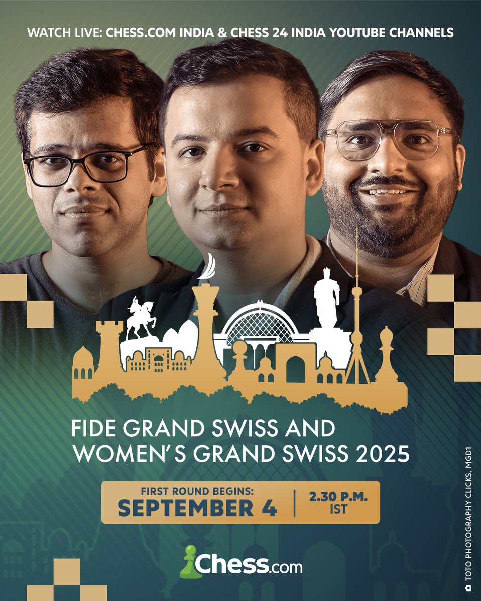 🎙️ Presenting the commentators of the 2025 FIDE Grand Swiss!

🎙️ <a href="/GroverSahaj/">Sahaj Grover</a> 
🎙️ <a href="/itherocky/">Rakesh Kulkarni</a> 
🎙️ <a href="/chess_assist/">Sahil Tickoo</a> 

The first round begins from 4th September, 3.30pm IST: youtube.com/live/hSiKNNtZR…
