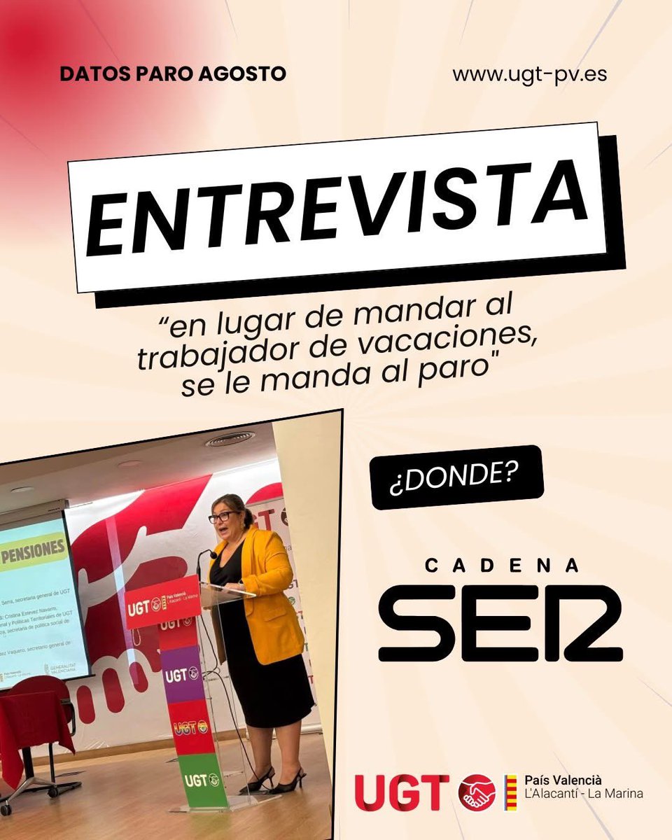 📊 Datos de paro en agosto en Alicante: 7.760 empleos destruidos y 636 personas más en paro.

🚨 “En lugar de mandar al trabajador de vacaciones, se le manda al paro”.

🎙️ Yolanda Díaz Serra, Sec. Gral. de UGT L’Alacantí – La Marina en @RadioAlicante (SER).

<a href="/UGTPV/">UGT País Valencià</a>
