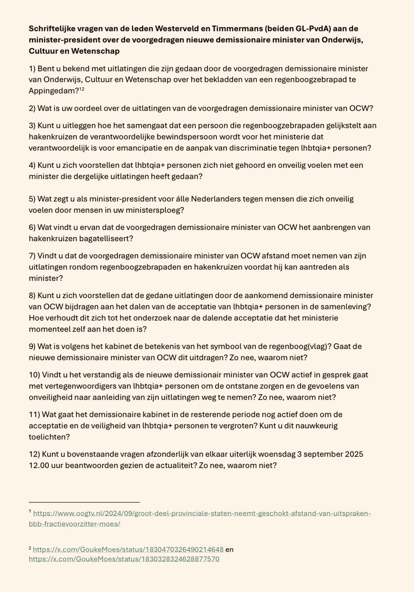 Onbegrijpelijk: iemand die regenboogzebrapaden met hakenkruizen vergelijkt, wordt verantwoordelijk voor het ministerie dat juist discriminatie van lhbtqia+ personen moet bestrijden.

Daarom Kamervragen met <a href="/F__Timmermans/">Frans Timmermans</a> aan premier Schoof.

tweedekamer.nl/kamerstukken/k…