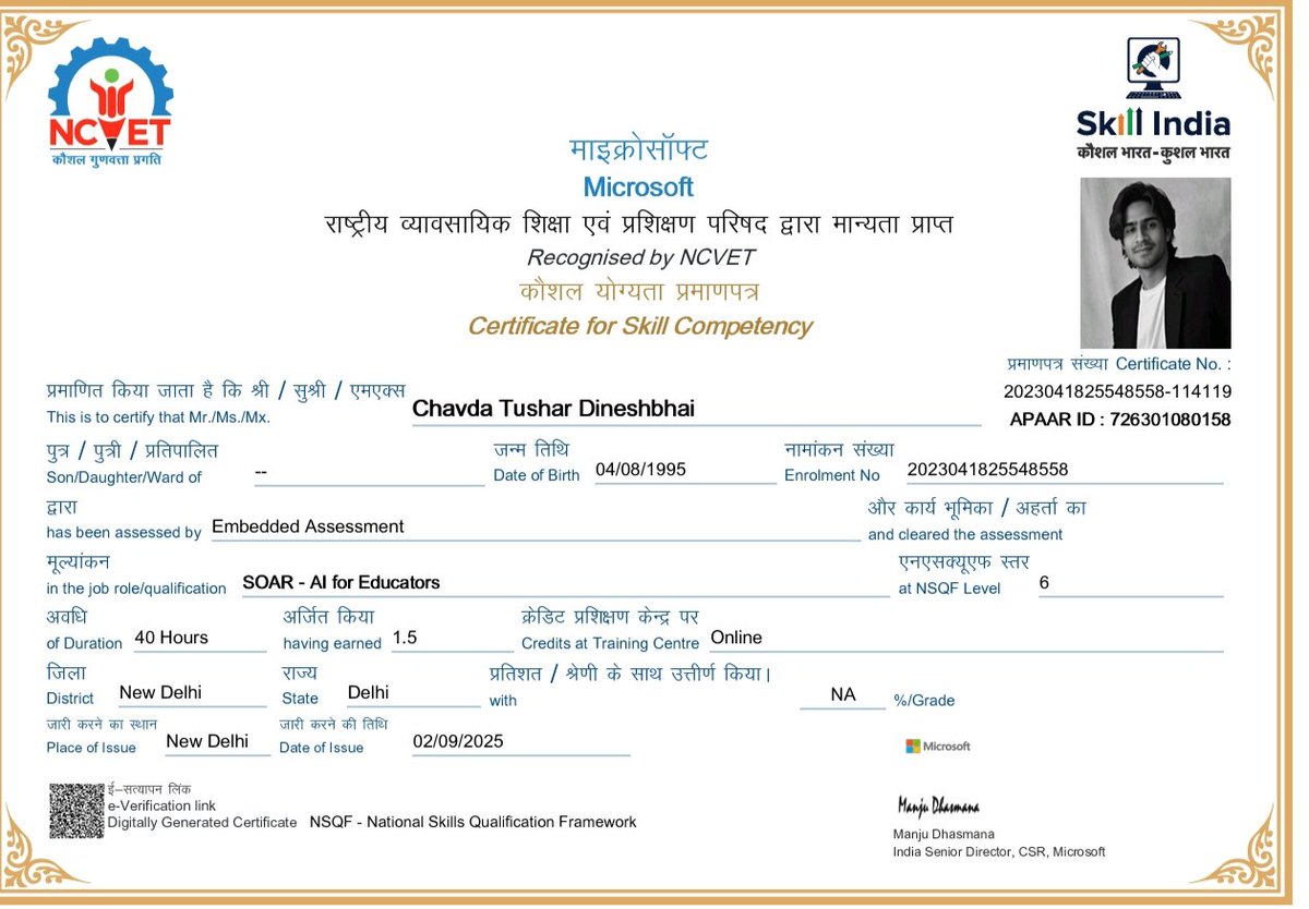 Tushar_0014's tweet image. Thrilled to complete SOAR - Al for Educators certification by Microsoft & Skill India (NCVET recognised). The program enhanced my understanding of using Al tools in teaching & learning, making education more engaging and impactful.
#AIforEducators #skillindiacertified#Microsoft