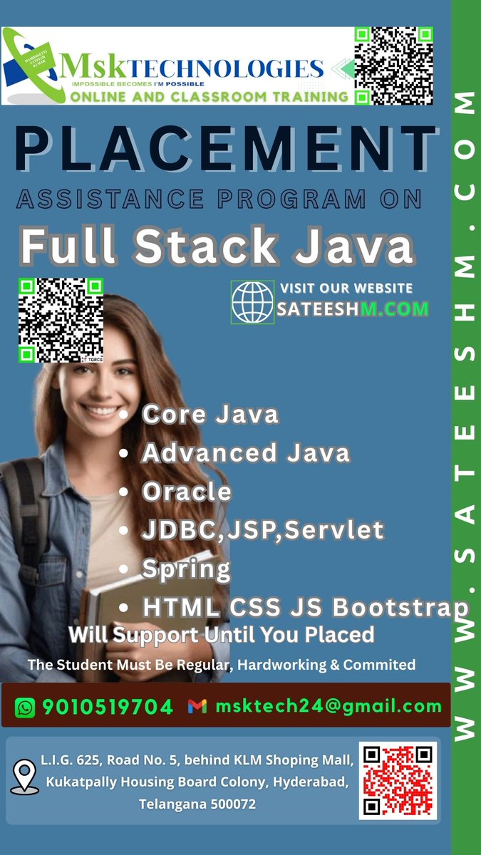 msktutorials's tweet image. Best Java Full Stack coaching institutes in ameerpet | SR Nagar | KPHB | Kukatpally | Hyderabad | Palakollu
For More Information Visit: sateeshm.com