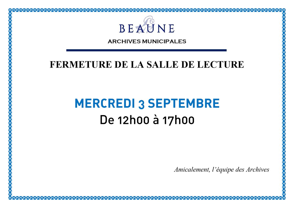 La salle de lecture sera fermée au public ce mercredi 3 septembre 2025 après-midi.
