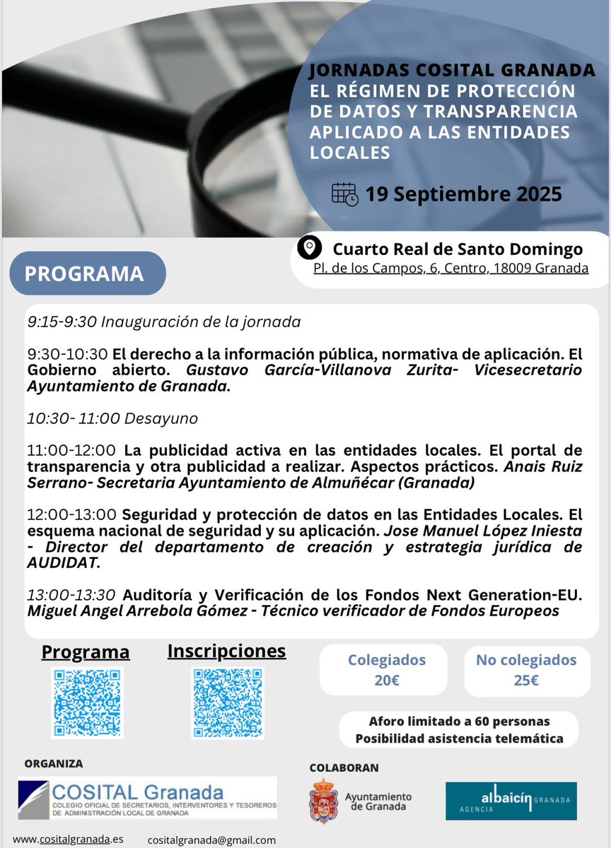 👋 ¡Ya estamos de vuelta! 

📌 Arrancamos curso con la acción formativa «el régimen de protección de datos y transparencia aplicado a las entidades locales». 

🗓️ 19 de septiembre de 2025. Granada.

🔗 + Info e inscripciones 👇