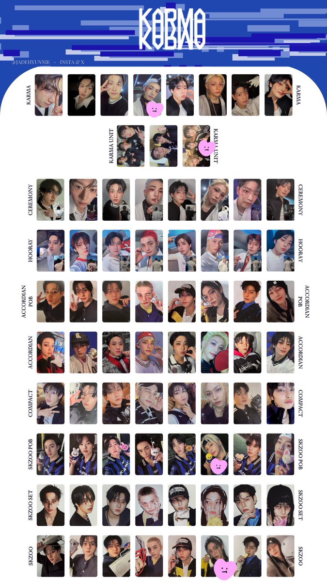 #スキズ交換
スキズ StrayKids KARMA トレカ 交換
SKZOO  プロフカード
譲→写真
　　バンチャン（ウルフチャン）
　　アイエン（フォクシニー）
　　リノ　チャンビン　ユニット

求→同種フィリックス（ポガリ）
　　トレカは画像の🩷のもの
郵送交換のみ。
検索からもお気軽にお声掛けください。