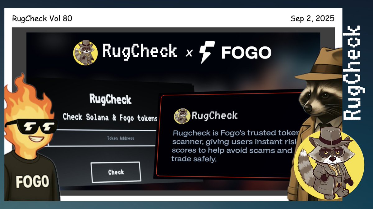 RugCheck x FOGO promotional image showing token scanner interface