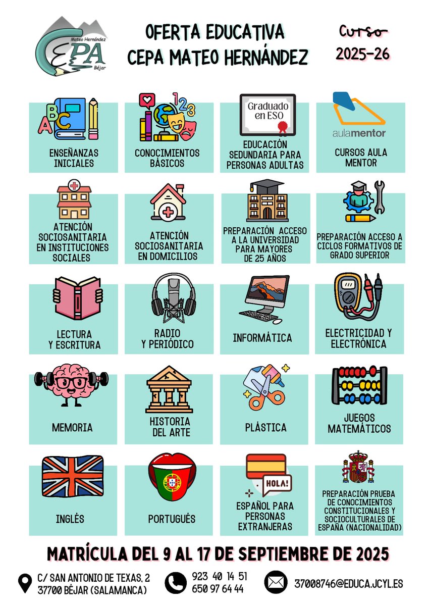 El CEPA Mateo Hernández ya está de vuelta! 
Iniciamos el nuevo curso con muchas ganas... ¡y con nuevos cursos!

🗓️ Periodo de matrícula:
Del 9 al 17 de septiembre
🕤 Horario: De 9:30 a 13:30

🔗 Para más información, contáctanos: 923 40 14 51