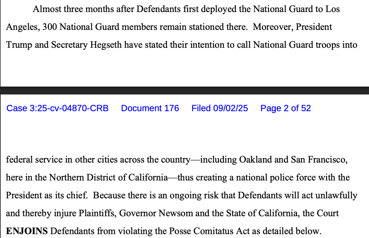 BREAKING: Judge Breyer rules that President Trump's deployment of the military to Los Angeles violated the Posse Comitatus Act, says Trump is using military as a "national police force with the president as its chief."

Injunction granted.

storage.courtlistener.com/recap/gov.usco…