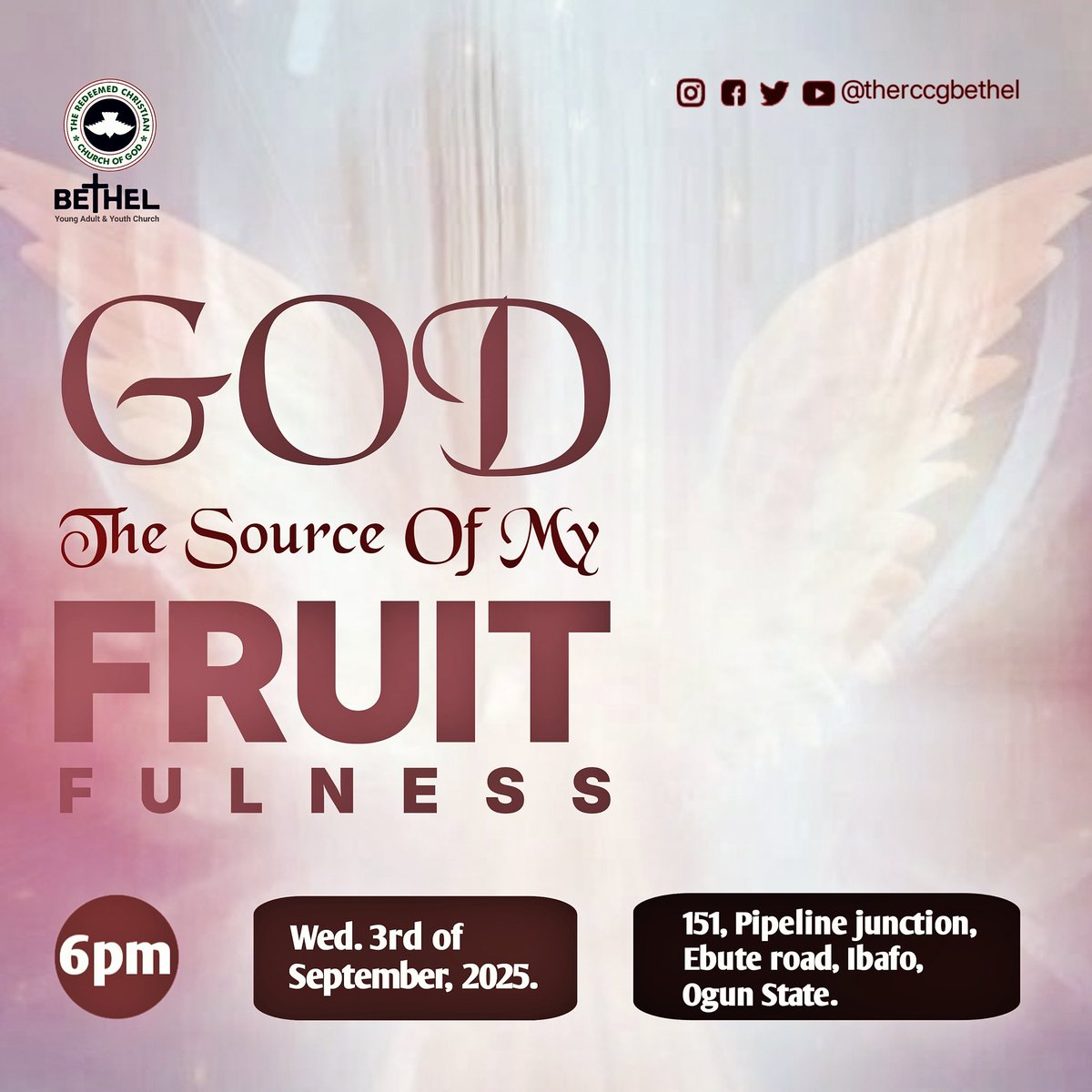 TheRCCGBethel's tweet photo. 🌱 GOD: The Source of My Fruitfulness 🌱

When God is your source, barrenness is broken, and fruitfulness becomes your portion! 🍇✨

Join us for a refreshing encounter in His presence as we connect to the God who makes all things flourish. https://t.co/r3vZfDchKx
