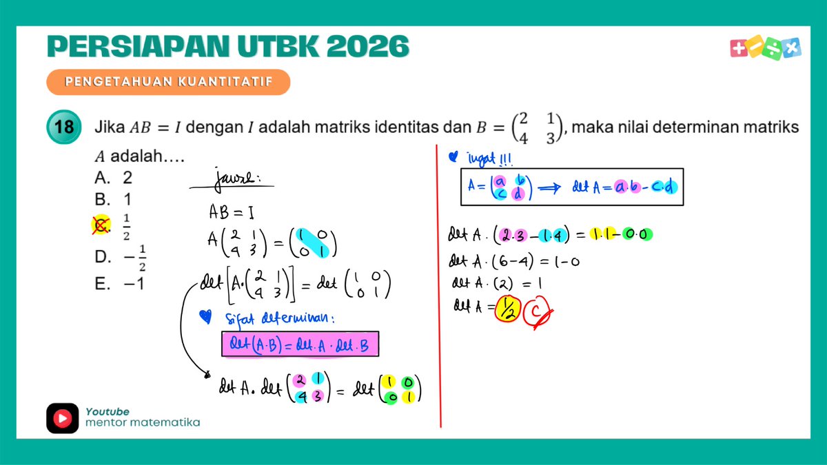 Guru_Les_Ku's tweet photo. Persiapan UTBK 2026
Pengetahuan Kuantitatif (PK)
Soal Nomor 18 : MATRIKS

#UTBK
#UTBK2026
#SNBT
#SNBT2026
#MATEMATIKA
#PENGETAHUANKUANTITATIF
#PK
#MATRIKS
#AMBIS
#LESONLINE
#BIMBELONLINE https://t.co/c9rBT6Bza4