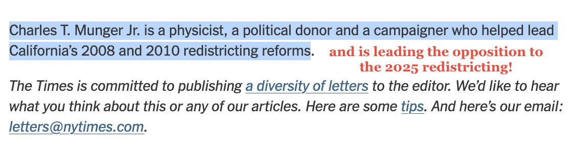 Wow, NYT let Charles Munger Jr. write an op-ed opposing the California redistricting without disclosing that he's FUNDING the opposition to the California redistricting. I have 4 mailers he paid for in my house right now and that's just the beginning.