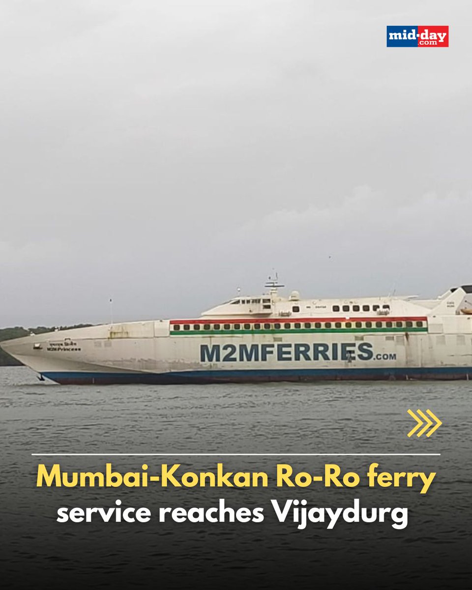 mid_day's tweet photo. The Mumbai-Konkan Ro-Ro ferry has reached Vijaydurg in Sindhudurg district. The service aims to boost connectivity between Mumbai and the Konkan region, providing a faster and more efficient travel option for passengers and vehicles.

📸: @KIRTISURVE 

#Mumbai #Konkan #RoRo #Maharashtra