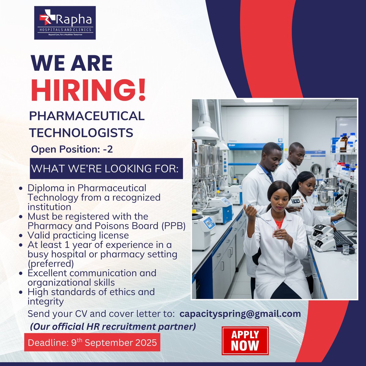RaphaEldoret's tweet photo. We’re Hiring! 
@RaphaEldoret is expanding our team!

📌 Open Positions:
🔹 2 Pharmaceutical Technologists
🔹 3 General Nurses
🔹 3 ICU Nurses
🔹 1 Biomedical Technologist

📍 Location: Eldoret
📅 Deadline: 9th September 2025
📧 Apply via: capacityspring@gmail.com
7 https://t.co/UrTP3ZzIki