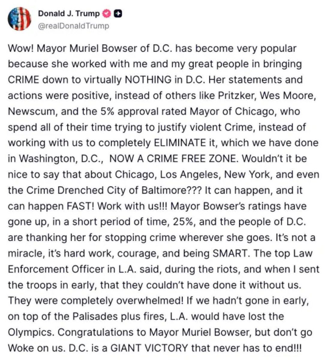 thebasedpoobah's tweet photo. President Trump praised DC Mayor Muriel Bowser for partnering with his administration to deploy National Guard troops, resulting in a significant crime reduction in Washington, DC. 

He highlighted an 87% drop in carjackings and a 45% decrease in violent crime, calling DC a "crime-free zone." 

Trump urged blue-state governors like Newsom and Pritzker to allow similar deployments to tackle crime in their cities. Since August 11, 1,599 arrests have been made and 165 illegal guns seized in DC.