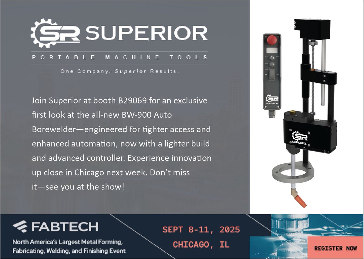 spr_tool's tweet image. Join SPR at booth B29069 for an exclusive first look at the all-new BW-900 Auto Borewelder—engineered for tighter access and enhanced automation, now with a lighter build and advanced controller. Don’t miss it—see you there! #Superior #SPR #Fabtech2025 #EngineeringExcellence