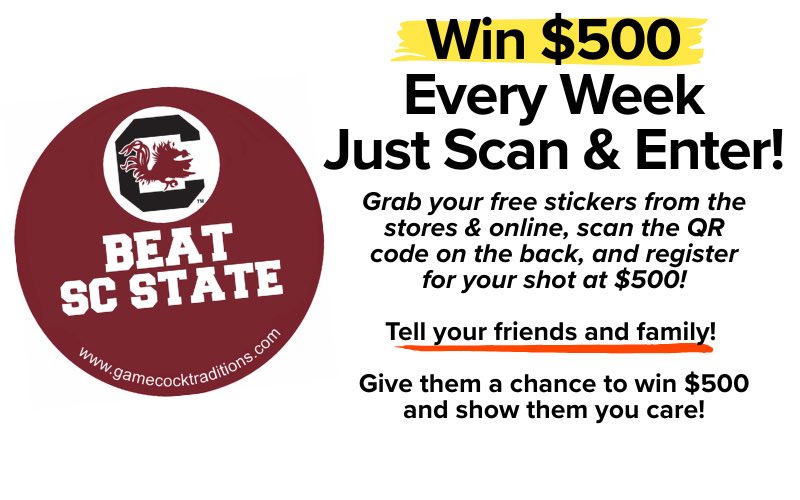 GamecockTrad's tweet photo. π¨π¨π¨π¨$500 GIVEAWAYπ¨π¨π¨π¨
Have you entered our weekly $500 giveaway??? Gamecocks, flip over your #BeatSCState stickers and register to win a $500 gift card for https://t.co/QdISteU2LB
Winner will be drawn each week, but you must enter weekly π€
https://t.co/70l51UVRxm https://t.co/c8hns9gqU6