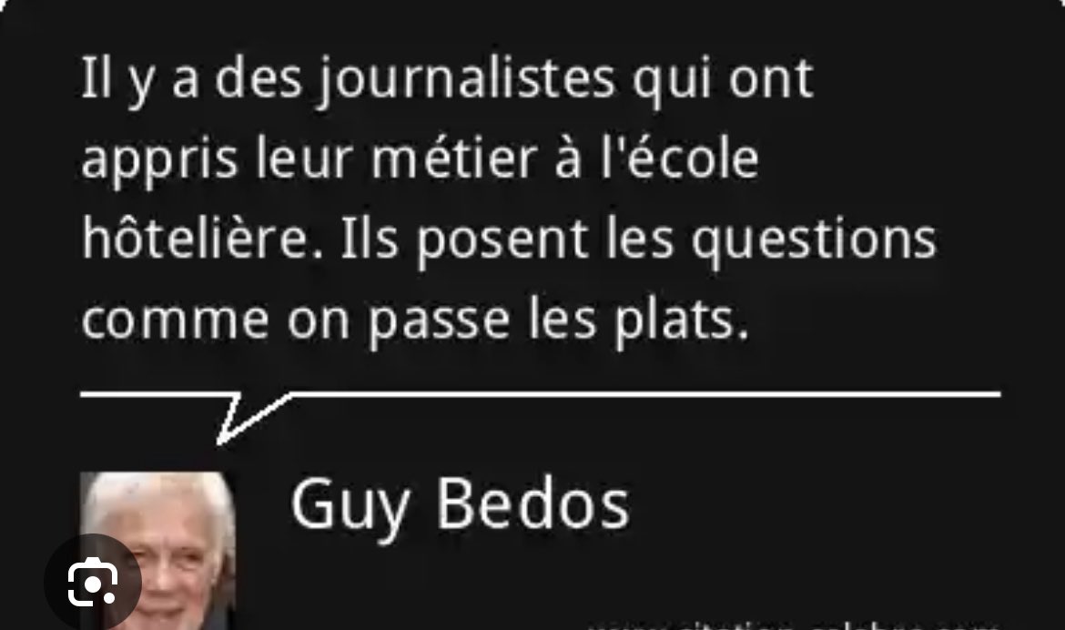 coucou564's tweet photo. @Frontieresmedia C’est lui qui ose dire cela ? 🤔 Il débloque un max le père @jmaphatie
#Bedos a dû penser à lui en écrivant cette maxime « Il y a des journalistes qui ont appris leur métier à l'école hôtelière. Ils posent les questions, comme on passe les plats. » https://t.co/c1PTf8yx3q