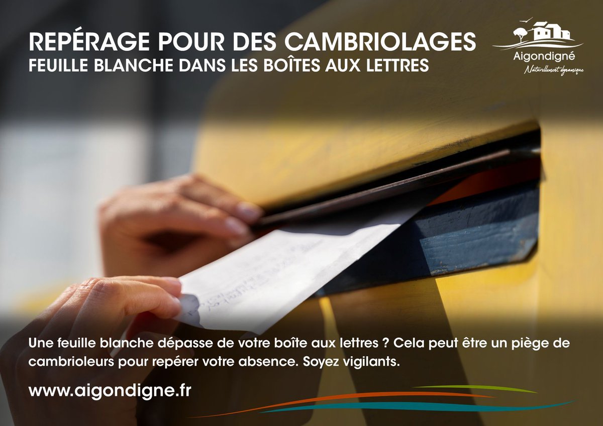 Des repérages à la feuille blanche ont de nouveau été rapportés auprès de la mairie et de la gendarmerie.
📄 Une feuille blanche dépasse de votre boîte aux lettres ?
Cela peut-être un piège de cambrioleurs pour repérer votre absence.
⚠️ Soyez vigilants #Aigondigné