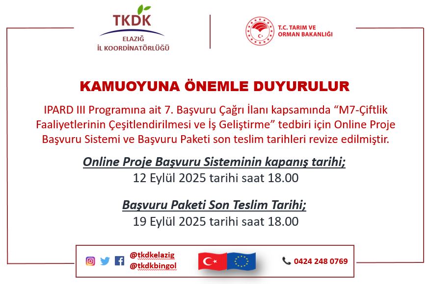 KAMUOYUNA ÖNEMLE DUYURULUR

#TKDK #Elazığ #Ağın #Alacakaya #Arıcak #Baskil #Karakoçan #Keban #Kovancılar #Maden #Palu #Sivrice <a href="/vetveyseluzun/">Veysel UZUN</a>