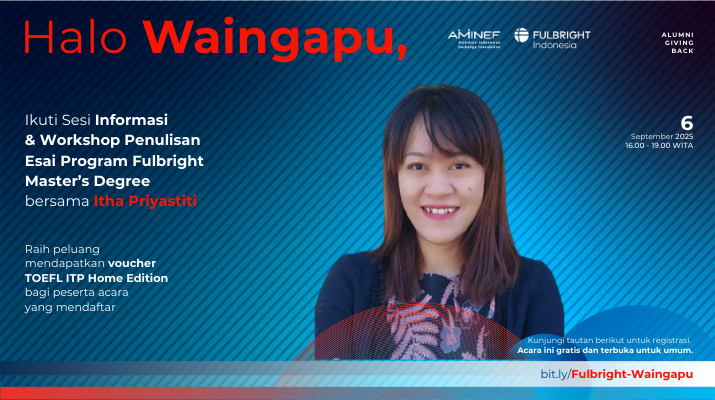 FulbrightID's tweet image. Dari alumni untuk komunitas, Fulbright #AlumniGivingBack kembali hadir di Waingapu, Sumba Timur, NTT! ✨️

Dengarkan pengalaman transformatif Itha Priyastiti, alumni Fulbright dari kota tsb. Itha juga akan adakan workshop penulisan esai yang merupakan persyaratan beasiswa ini.