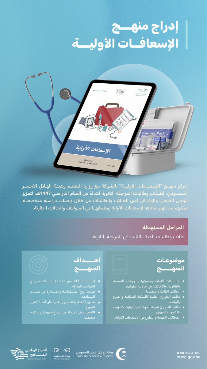 في إطار إعداد جيل واعٍ ومبادر يمتلك مهارات تطبيقية تعزز سلامة مجتمعه وترسخ المسؤولية، منهج "الإسعافات الأولية": المراحل المستهدفة، موضوعات المنهج وأهدافه🇸🇦. #المركز_الوطني_للمناهج