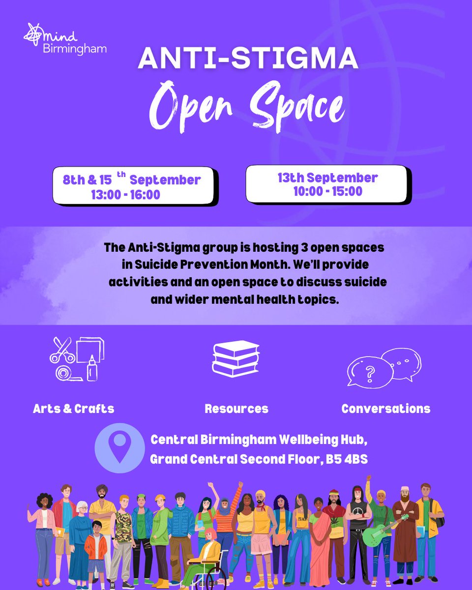 Suicide is still a hard topic to talk about but 1 in 5 people will think about ending their lives. Talking about it is the first step towards getting people help &amp; support.

Birmingham Mind is holding open spaces to talk about suicide, alongside creative activities &amp; resources.