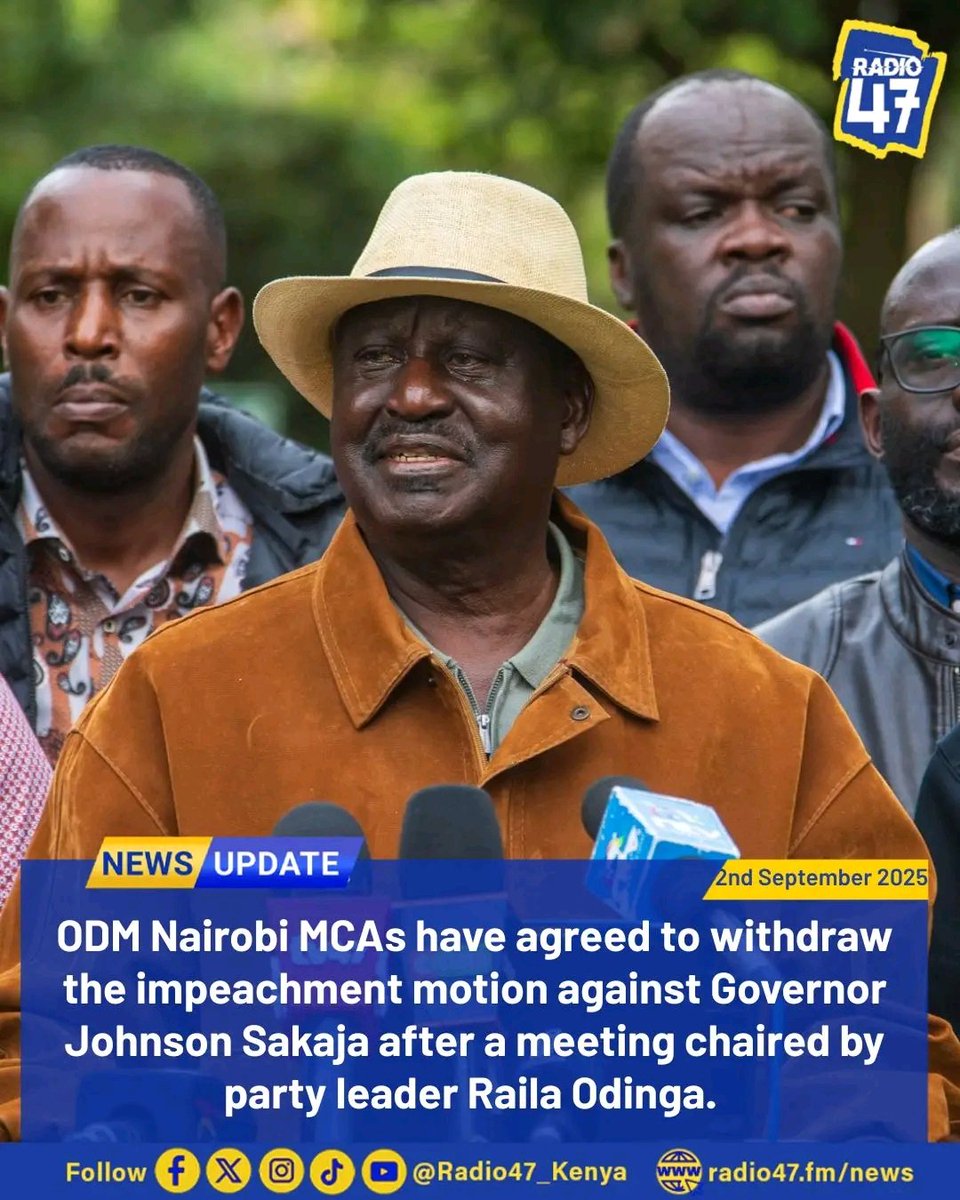 Breaking News...ODM Nairobi MCAs have withdrawn the Impeachment motion against Nairobi Governor Johnson Sakaja... 
Raila loves bribes like nonsense...