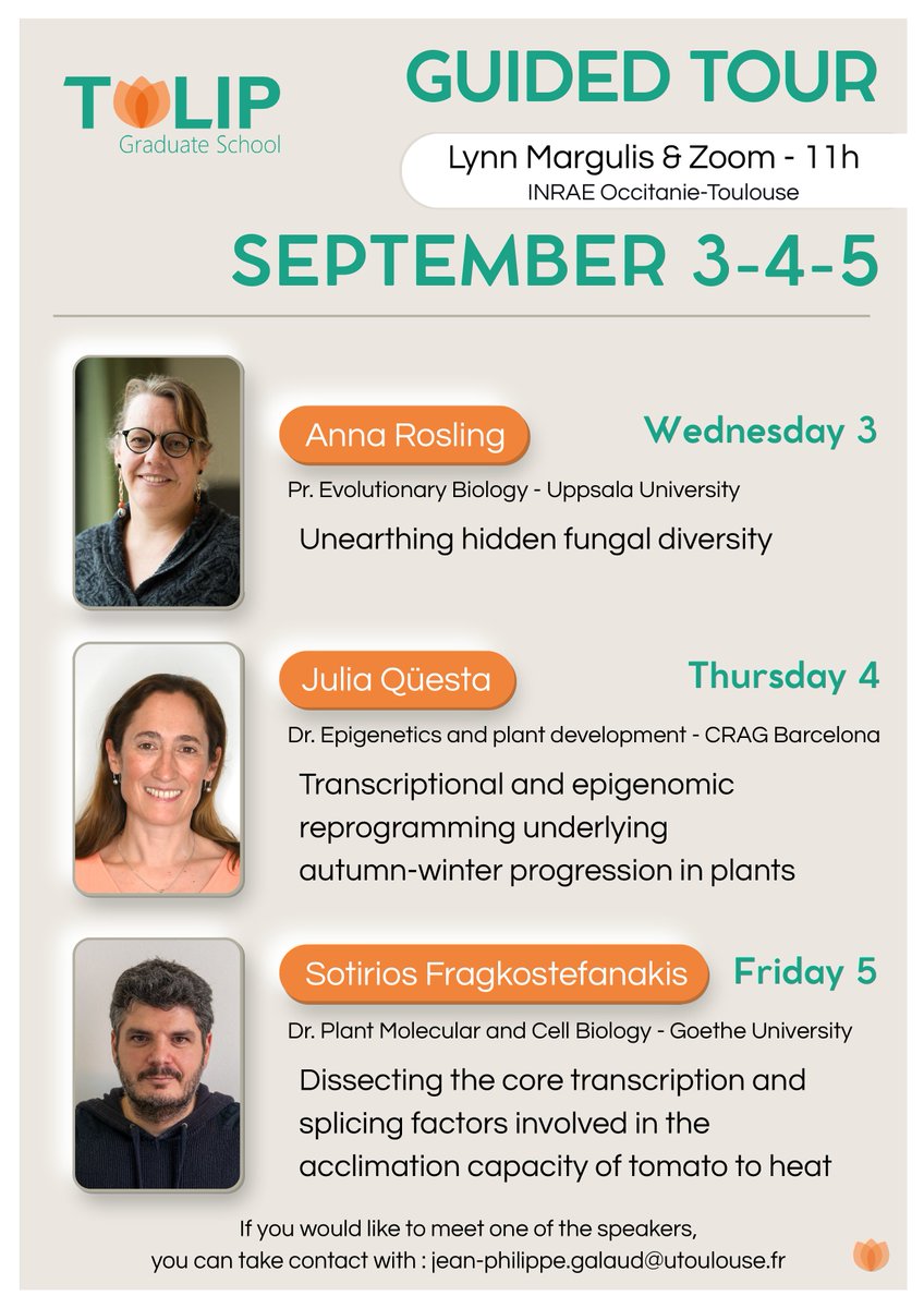 TULIP_GS_LabEx's tweet image. From September 3 to 5 🗓️
International Guided Tours seminars by TULIP GS
Anna Rosling
Julia Qüesta
Sotirios Fragkostefanakis
Every morning at 11am, on Zoom 💻
and in PABS, INRAE Occitanie-Toulouse
labex-tulip.fr/eng/news/guide…