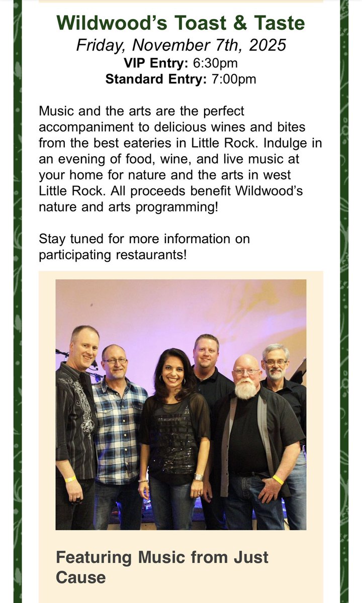 So very excited about this!! Our band, Just Cause, is finally back and ready to play this event!! Whether you remember hearing us from years ago or have never heard us play… I personally want to invite you to this event on Friday, November 7 at Wildwood Park in Little Rock!