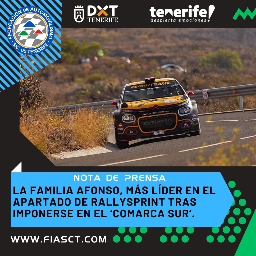 La familia Afonso, más líder en el apartado de rallysprint tras imponerse en el ‘Comarca Sur’.

📰 Nota de Prensa: fiasct.com/noticia.asp?id…

#RallysprintComarcaSur #CTRS_FIASCT #TenerifeDespiertaEmociones #EXPODECA2025
<a href="/DXTenerife/">Deportes Tenerife</a> <a href="/VisitTenerifeES/">VisitTenerifeES</a> <a href="/CabildoTenerife/">Cabildo de Tenerife</a> <a href="/IdecoGestion/">Ideco Gestión</a>