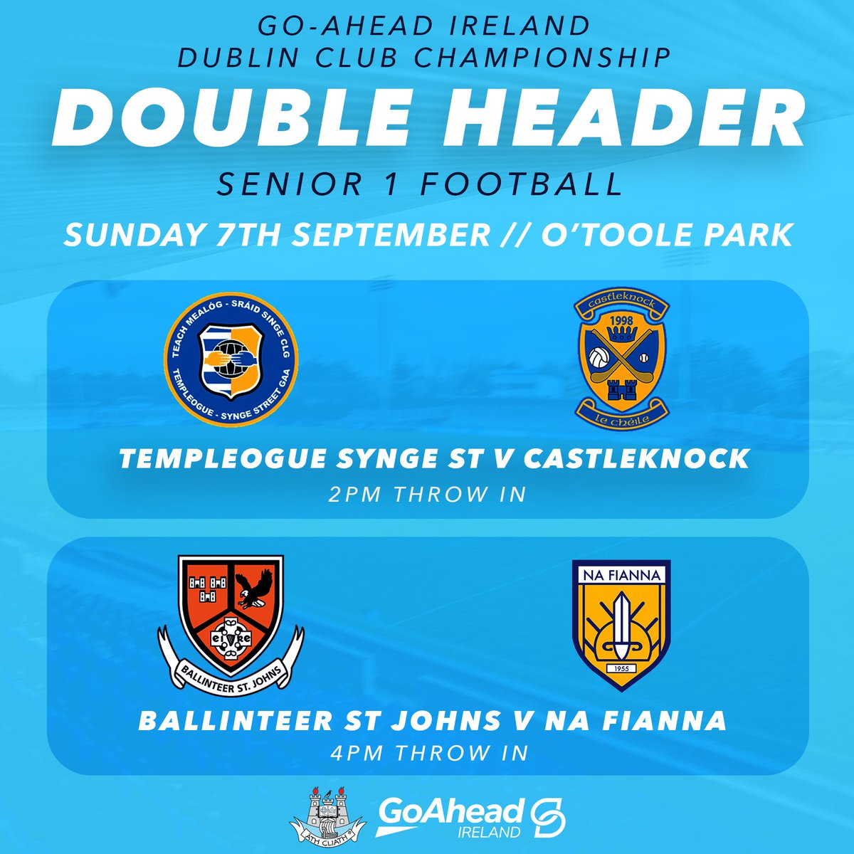 Round 3 of the Go-Ahead Ireland Senior 1 Football Championship continues here at O'Toole Park in what is our final round of group games 🔥

<a href="/Tempsyngest/">Templeogue Synge St</a> v <a href="/CastleknockGAA/">Castleknock GAA</a>
<a href="/gaabsj/">Cumann Naomh Eoin Baile an tSaoir</a> v <a href="/clgNaFianna/">CLG Na Fianna</a>

🎟️Match Tickets➡️ bit.ly/4mJ2Ebu