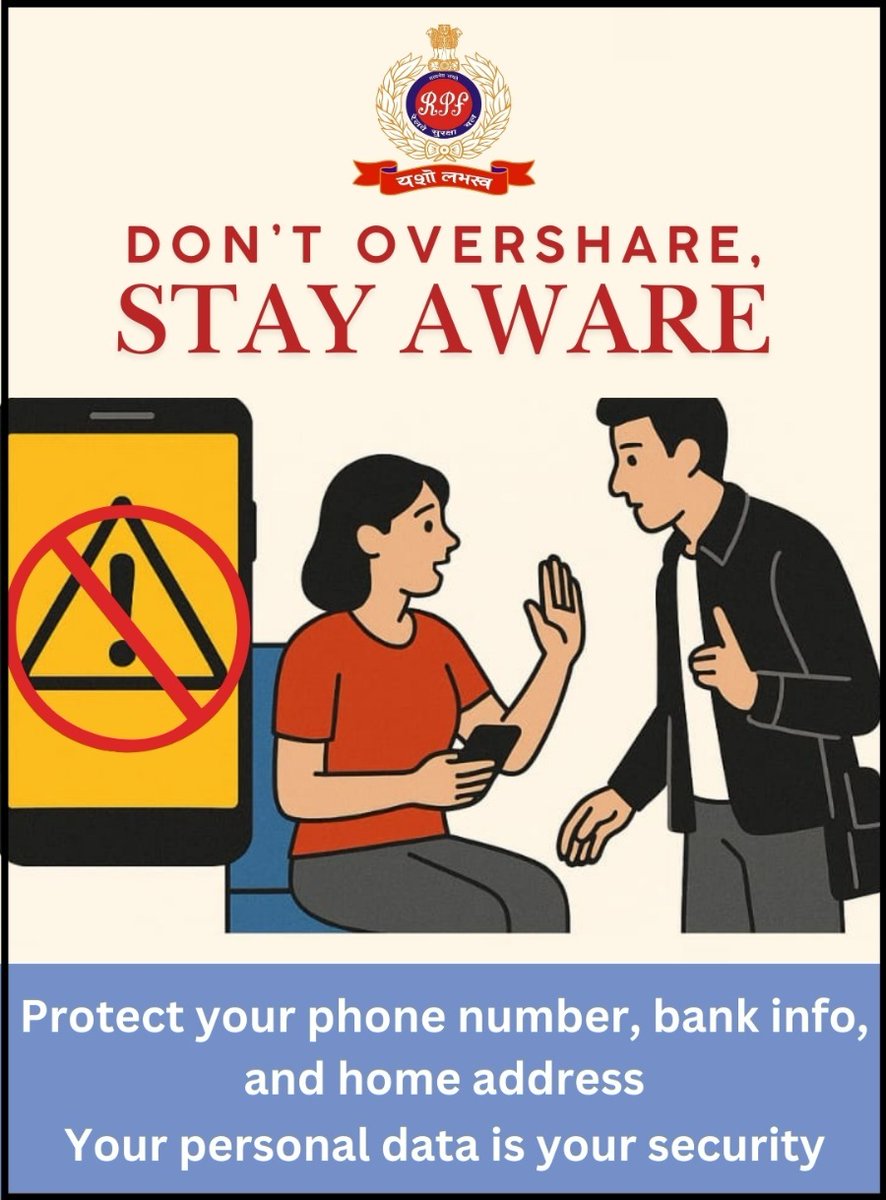 Don’t share your personal info with unknown people while travelling.
It can lead to fraud, theft, or identity misuse.
#BeSmartStaySafe
#TravelWithCare
<a href="/RailMinIndia/">Ministry of Railways</a>